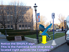1farinellagate Seton Hall Shuttle virtual tour. Image highlights Farinella gate stop located right outside Neumann hall.