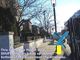 7oramanor Seton Hall Shuttle virtual tour stop: Ora Manor. Image points out where Seton Hall Shuttle will pick up student.