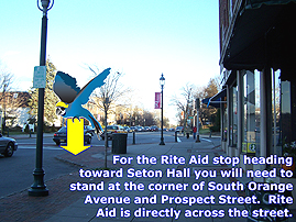 9riteaidtowardshu Seton Hall Shuttle virtual tour. Image highlights Seton Hall Shuttle stop (Rite Aid: heading towards campus).