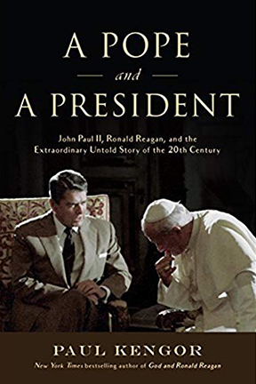 Book Cover: A Pope and a President Book cover depicting Ronald Reagan speaking with Pope John Paul II; written by Paul Kregor