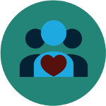 Basic Needs: Donate and Volunteer Icon of three people with a heart in the center.