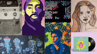 Collage 320 Collage of seven paintings. Top row from left to right: a bus, Kobe Bryant, a silhouette, and a woman. Bottom row: jellyfish, a man, and a record disk.
