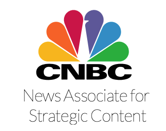 CNBC logo CNBC rainbow peacock logo with the words "News Associate for Strategic Content" listed below.