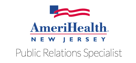 Amerihealth NJ Amerihealth NJ logo of a rendition of the American flag, a blue square and two red ribbon lines, with the words "AmeriHealth New Jersey Public Relations Specialist" listed below.