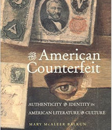 The American Counterfeit book cover The book cover for The American Counterfeit, written by Dr. mary Balkun which includes an eye peering out from underneath a table where money and an envelope is placed.