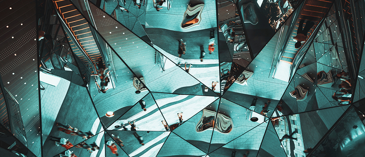 AI's World Remix A photo of mirrors that distort the images in its reflection.