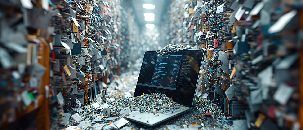 Embrace the Chaos A photo of a laptop on the ground amidst a pile of debris.