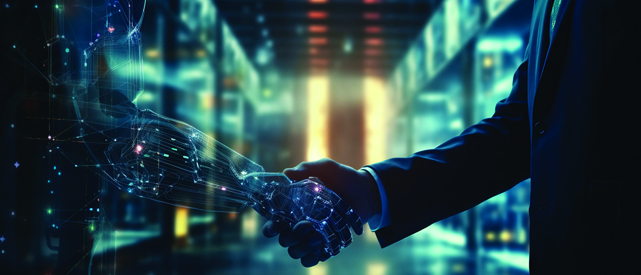 Evolving Leadership with Tech and Collaboration A photo of a person shaking hands with an AI arm.