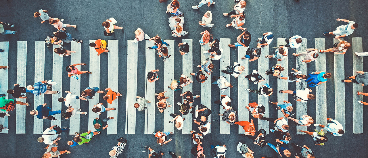 Empowered by the Many Many people crossing a street at a crosswalk.