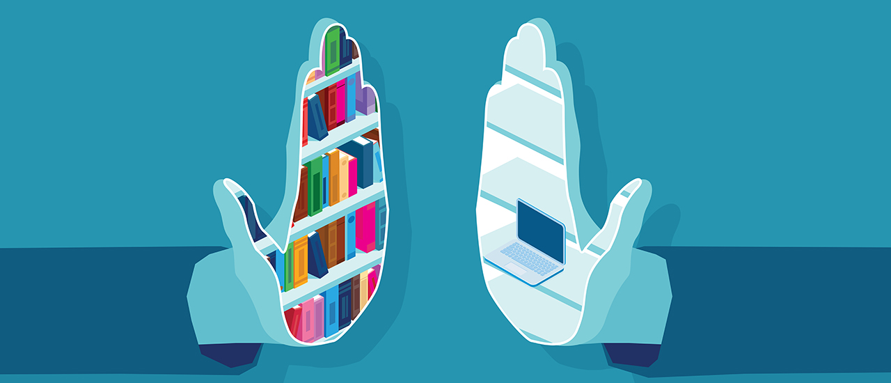 Generational Harmony A graphic of two hands staged for a high 5, one decorated with books and the other with a laptop.
