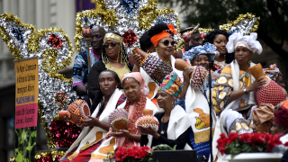 Juneteenth celebration Musicians on a float perform with traditional instruments during the annual Juneteenth parade in Center City Philadelphia, PA, on June 23, 2018.