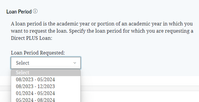 A drop down of loan period requested from August to May, and January to May. A drop down of loan period requested from August to May, and January to May.