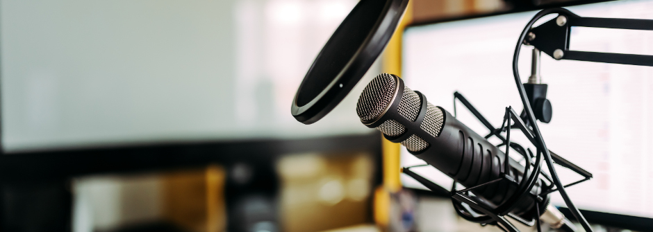 Microphones set up for a podcast.