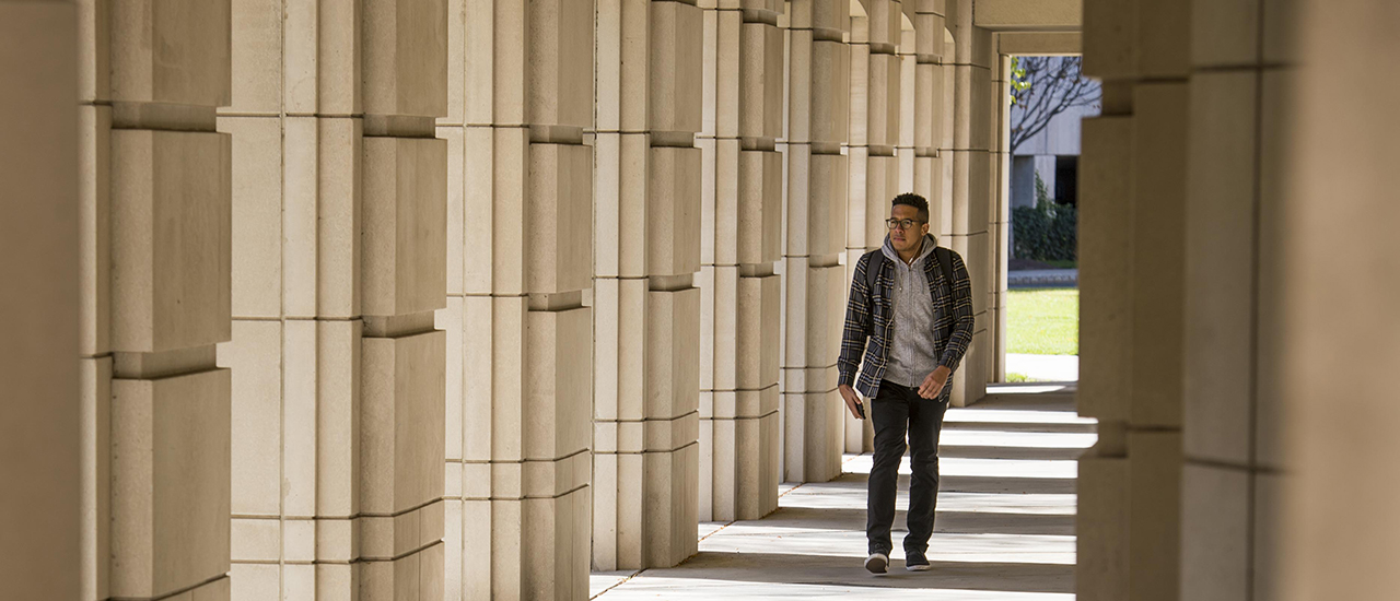Reluctantly Innovative A student walking thru the columns of the Walsh Library