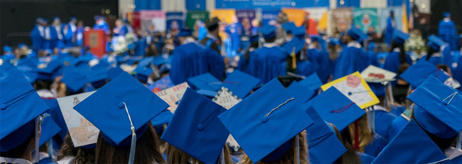 Image of the back of graduation caps at Seton Hall's 2023 commencement ceremony.