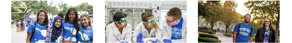 Collage of three pictures featuring students walking on campus and working in a lab.