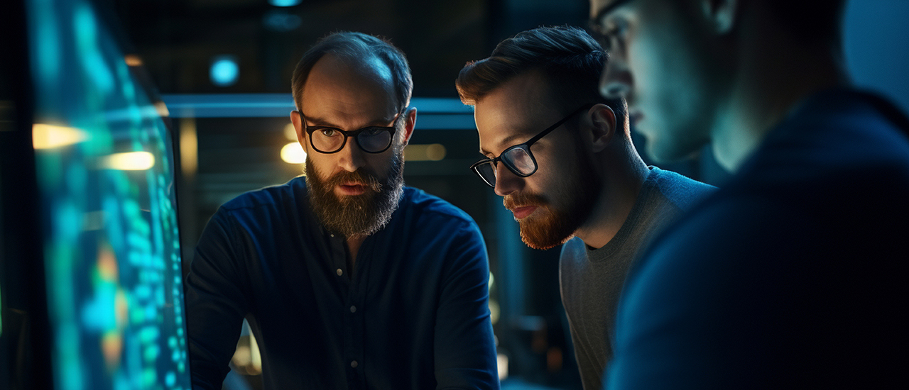 Unleashing Transformation in the Digital Era Three people working at a computer station.