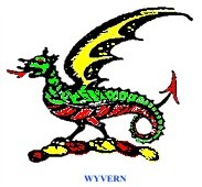 Wyvern Drawing of a wyvern which is a monster with a horny head and forked tongue, a scaly back and rolls like armor on the chest and belly, bat-like ears and wings, two legs ending in talons and a pointed tail.